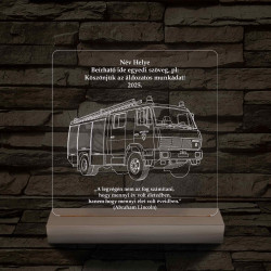 Tűzoltó-katasztrófavédelem emléktábla fa talppal 7 színű,színváltós 3D led lámpa