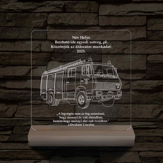 Tűzoltó-katasztrófavédelem emléktábla fa talppal 7 színű,színváltós 3D led lámpa