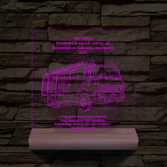 Tűzoltó-katasztrófavédelem emléktábla fa talppal 7 színű,színváltós 3D led lámpa