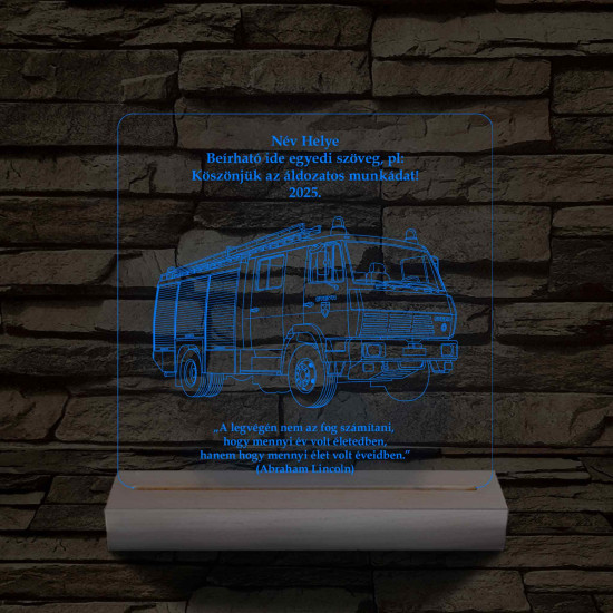 Tűzoltó-katasztrófavédelem emléktábla fa talppal 7 színű,színváltós 3D led lámpa