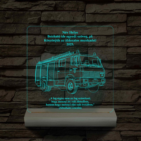 Tűzoltó-katasztrófavédelem emléktábla fa talppal 7 színű,színváltós 3D led lámpa