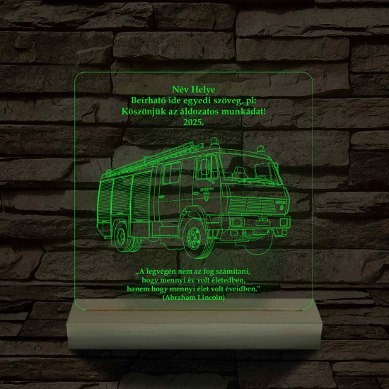 Tűzoltó-katasztrófavédelem emléktábla fa talppal 7 színű,színváltós 3D led lámpa
