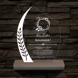 Gravírozott levélmintás plexi díj – fatalppal, színváltós személyre szabott LED lámpa