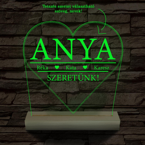 Szeretünk! Egyedi beírós szív-alakú személyre szabott 20 cm fa talppal 7 színű 3D led lámpa