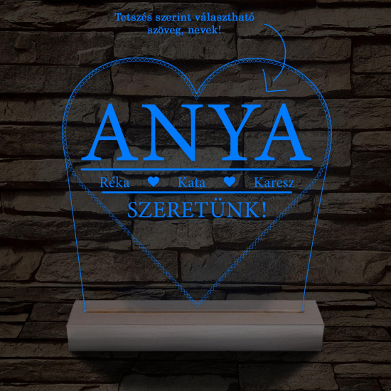 Szeretünk! Egyedi beírós szív-alakú személyre szabott 20 cm fa talppal 7 színű 3D led lámpa