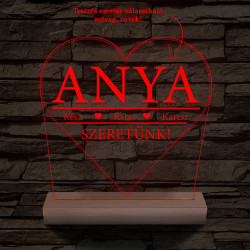 Szeretünk! Egyedi beírós szív-alakú személyre szabott 20 cm fa talppal 7 színű 3D led lámpa