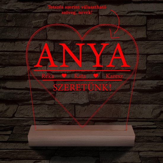 Szeretünk! Egyedi beírós szív-alakú személyre szabott 20 cm fa talppal 7 színű 3D led lámpa