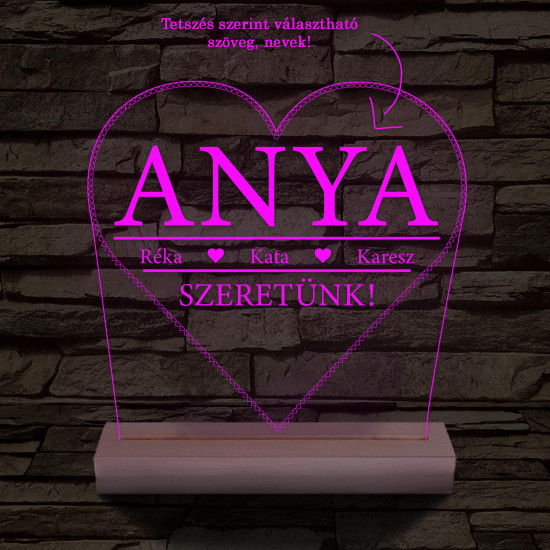Szeretünk! Egyedi beírós szív-alakú személyre szabott 20 cm fa talppal 7 színű 3D led lámpa