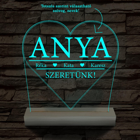 Szeretünk! Egyedi beírós szív-alakú személyre szabott 20 cm fa talppal 7 színű 3D led lámpa