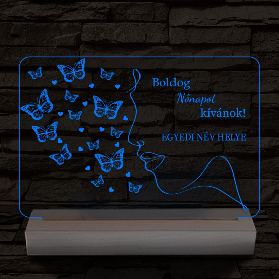 Nőnapi egyedi szöveggel személyre szabott 20 cm fa talppal 7 színű 3D led lámpa