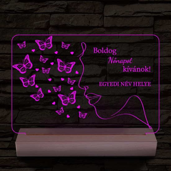 Nőnapi egyedi szöveggel személyre szabott 20 cm fa talppal 7 színű 3D led lámpa