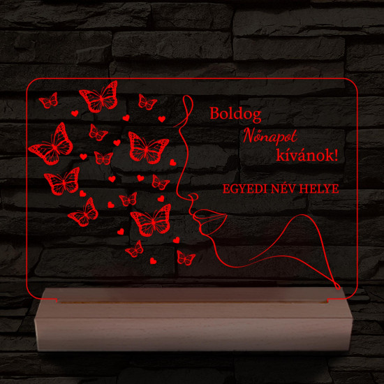 Nőnapi egyedi szöveggel személyre szabott 20 cm fa talppal 7 színű 3D led lámpa