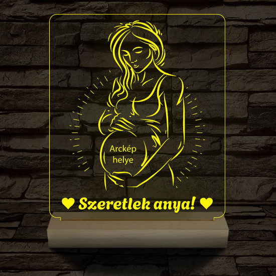 Szeretlek anya, egyedi fotógravírozás fatalppal 7 színű 3D led lámpa