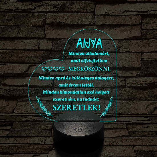 Szív Alakú 3D LED Lámpa – Megható Üzenettel Anyukáknak 7 színű 3D led lámpa
