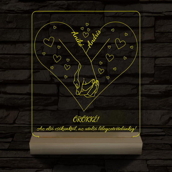 Szerelmes kézfogás személyre szabott fatalppal 7 színű 3D led lámpa