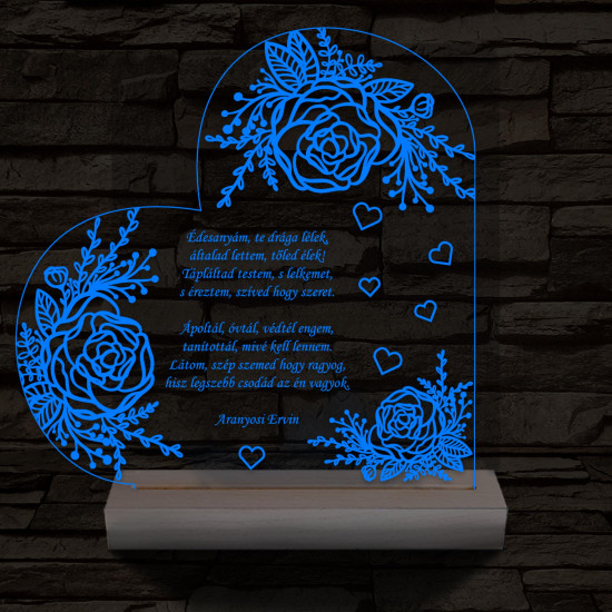 Egyedi idézet személyre szabott rózsákkal fatalppal 7 színű 3D led lámpa