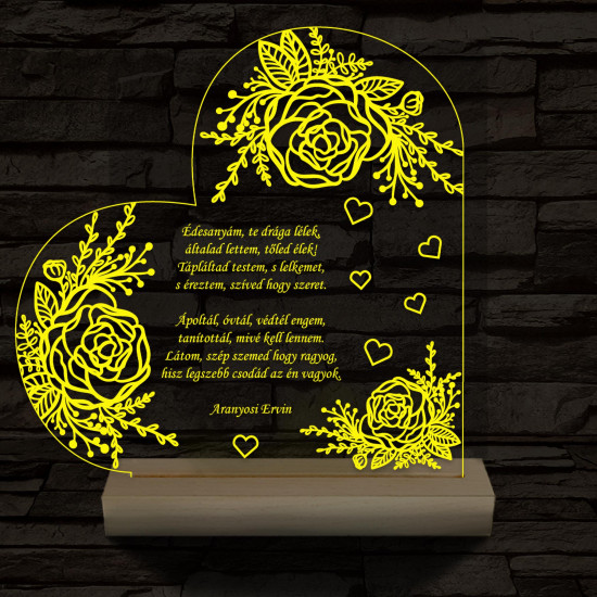 Egyedi idézet személyre szabott rózsákkal fatalppal 7 színű 3D led lámpa