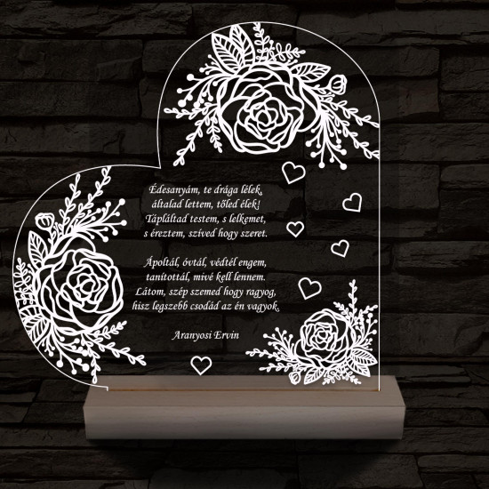 Egyedi idézet személyre szabott rózsákkal fatalppal 7 színű 3D led lámpa