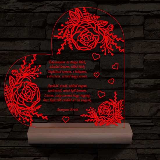 Egyedi idézet személyre szabott rózsákkal fatalppal 7 színű 3D led lámpa