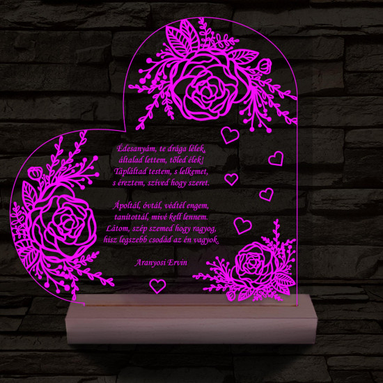 Egyedi idézet személyre szabott rózsákkal fatalppal 7 színű 3D led lámpa
