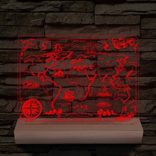 Régi stílusú térkép csak 24 cm fa talppal 7 színű 3D led lámpa