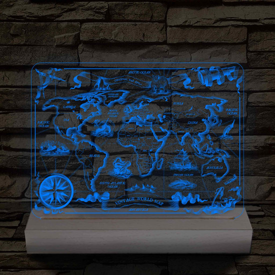Régi stílusú térkép csak 24 cm fa talppal 7 színű 3D led lámpa