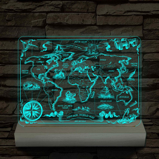 Régi stílusú térkép csak 24 cm fa talppal 7 színű 3D led lámpa