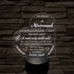 Nővéremnek – szívalakú, idézetes, 7 színű színváltós 3D LED lámpa