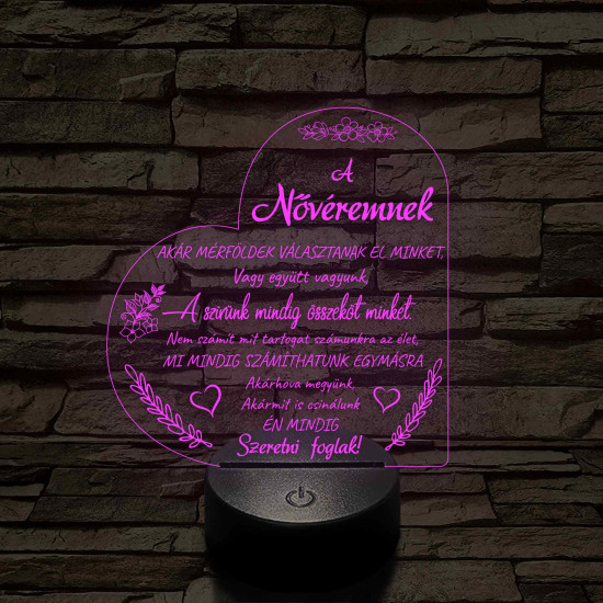 Nővéremnek – szívalakú, idézetes, 7 színű színváltós 3D LED lámpa