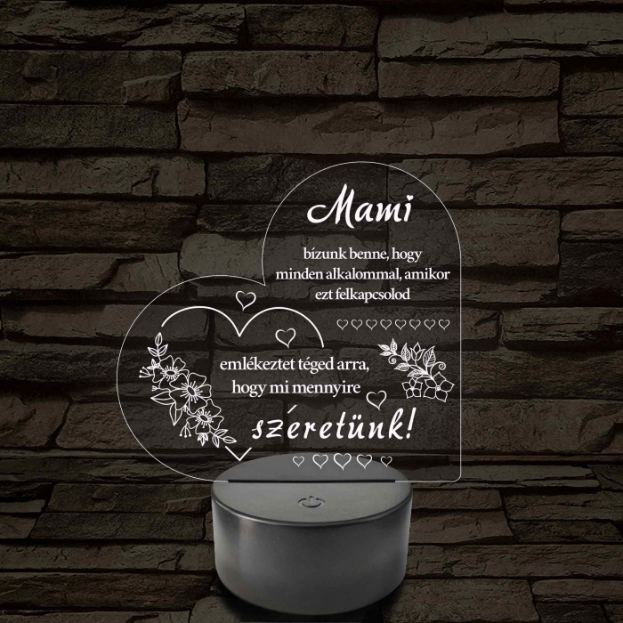 Mami – Szívalakú, színváltós 7 színű LED lámpa szeretetteljes üzenettel