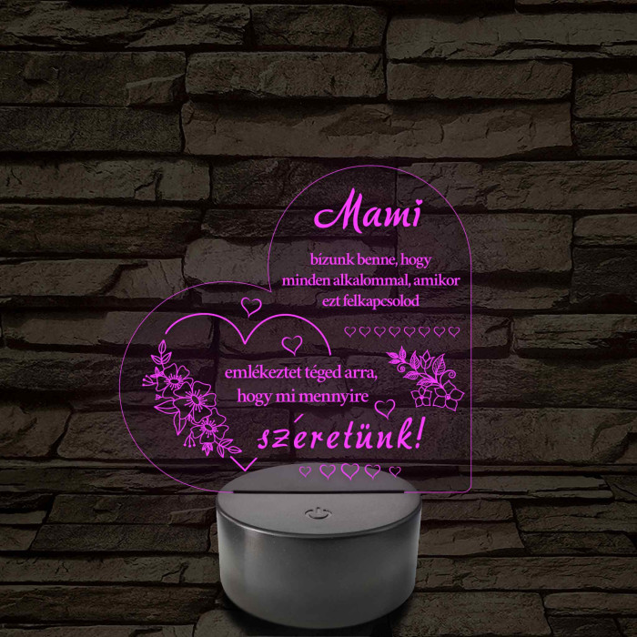 Mami – Szívalakú, színváltós 7 színű LED lámpa szeretetteljes üzenettel