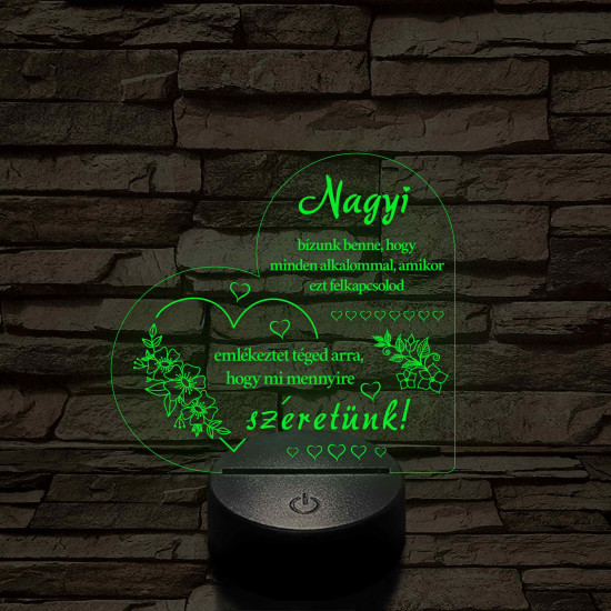 Nagyi – Szívalakú, színváltós 7 színű LED lámpa szeretetteljes üzenettel
