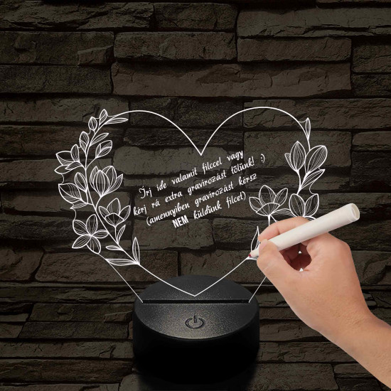 Írható szív virágokkal 7 színű 3D led lámpa (Kérhetsz rá tőlünk extra gravírozást, amennyiben nem kérsz akkor küldünk külön filctollat hozzá)