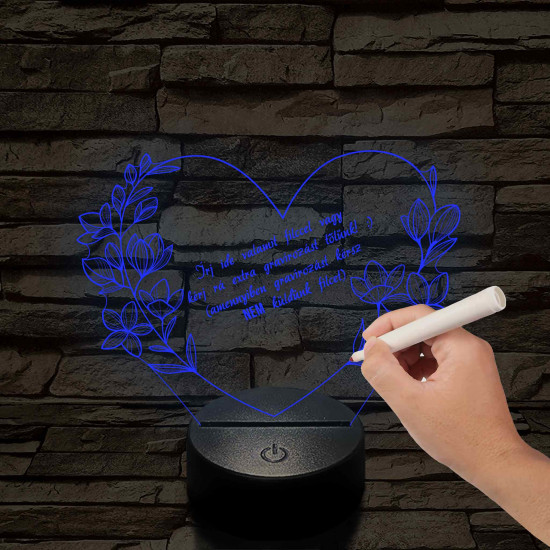 Írható szív virágokkal 7 színű 3D led lámpa (Kérhetsz rá tőlünk extra gravírozást, amennyiben nem kérsz akkor küldünk külön filctollat hozzá)