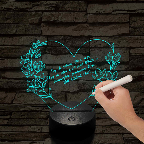 Írható szív virágokkal 7 színű 3D led lámpa (Kérhetsz rá tőlünk extra gravírozást, amennyiben nem kérsz akkor küldünk külön filctollat hozzá)