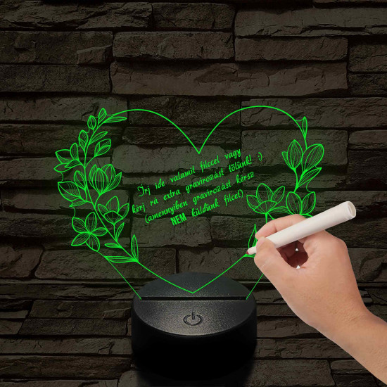 Írható szív virágokkal 7 színű 3D led lámpa (Kérhetsz rá tőlünk extra gravírozást, amennyiben nem kérsz akkor küldünk külön filctollat hozzá)