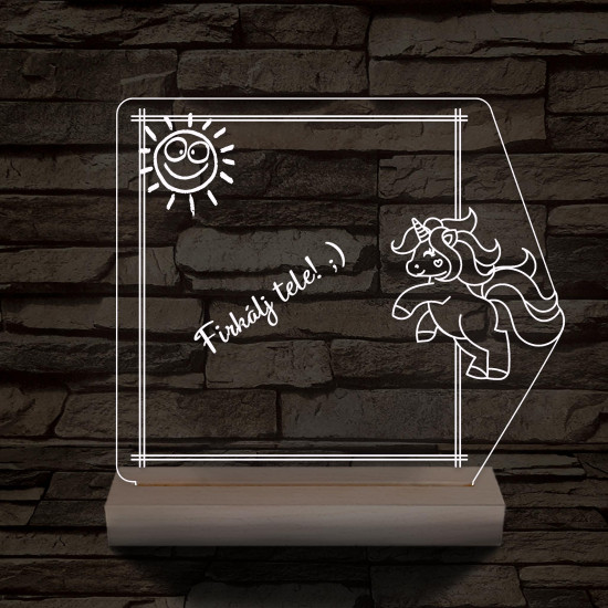 Írható unikornis 3D led lámpa fatalppal 7 színű 