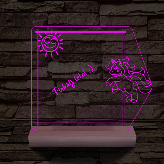 Írható unikornis 3D led lámpa fatalppal 7 színű 