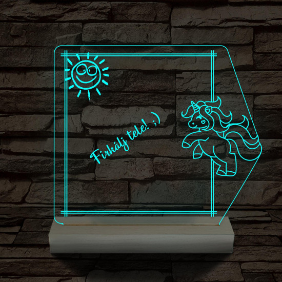 Írható unikornis 3D led lámpa fatalppal 7 színű 