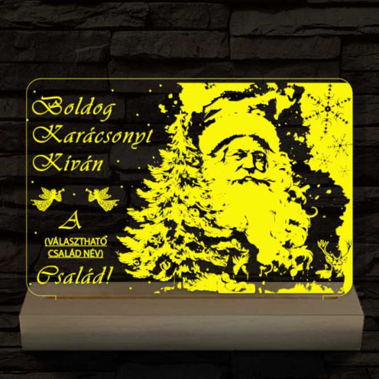 Karácsonyi képeslap egyedi családi névvel személyre szabott 20 cm fa talppal 7 színű 3D led lámpa