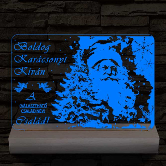 Karácsonyi képeslap egyedi családi névvel személyre szabott 20 cm fa talppal 7 színű 3D led lámpa