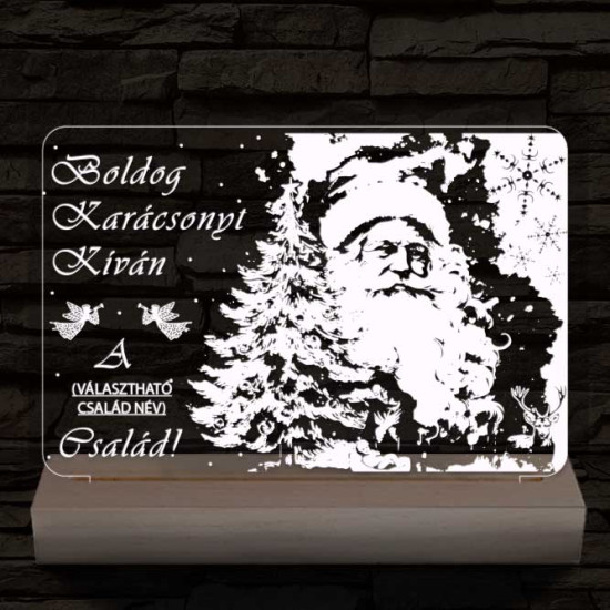 Karácsonyi képeslap egyedi családi névvel személyre szabott 20 cm fa talppal 7 színű 3D led lámpa