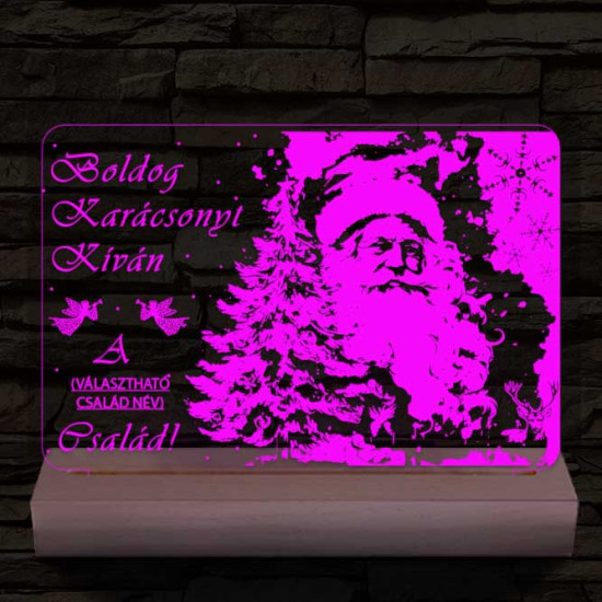 Karácsonyi képeslap egyedi családi névvel személyre szabott 20 cm fa talppal 7 színű 3D led lámpa