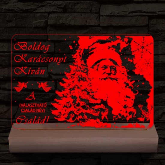Karácsonyi képeslap egyedi családi névvel személyre szabott 20 cm fa talppal 7 színű 3D led lámpa