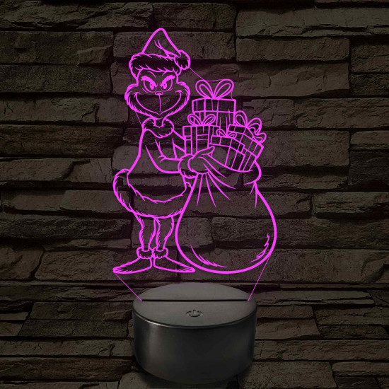 Grincs ajándékos zsákkal – 7 színű, színváltós 3D LED lámpa