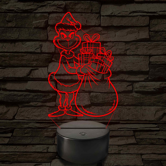 Grincs ajándékos zsákkal – 7 színű, színváltós 3D LED lámpa