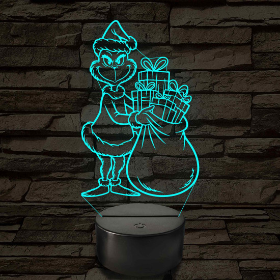 Grincs ajándékos zsákkal – 7 színű, színváltós 3D LED lámpa