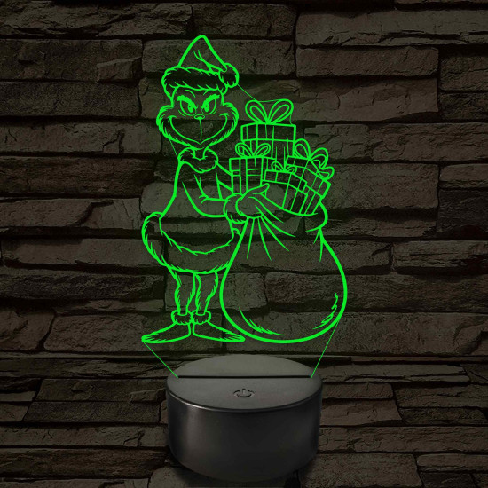 Grincs ajándékos zsákkal – 7 színű, színváltós 3D LED lámpa