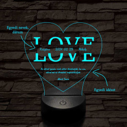 Egyedi esküvős, Valentinos szív-alakú beírós LOVE szív-forma 7 színű 3D led lámpa