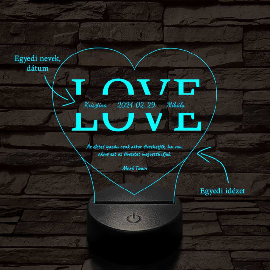 Egyedi esküvős, Valentinos szív-alakú beírós LOVE szív-forma 7 színű 3D led lámpa